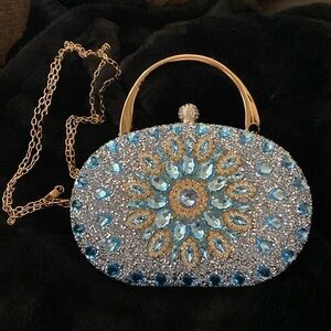 Ramla Aquamarine blue Jeweled bag with removable handles- Chain/Clutch/Han…